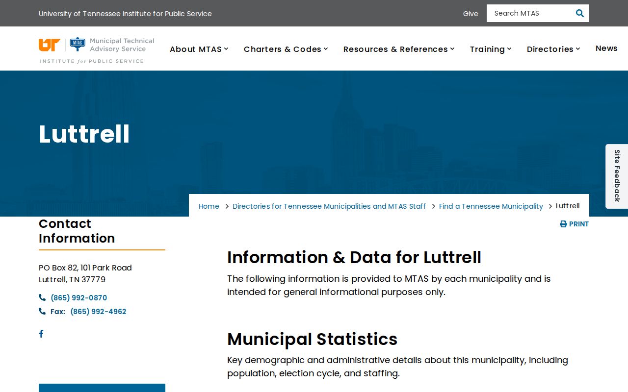 Luttrell municipal directory used to contact the current city records custodian